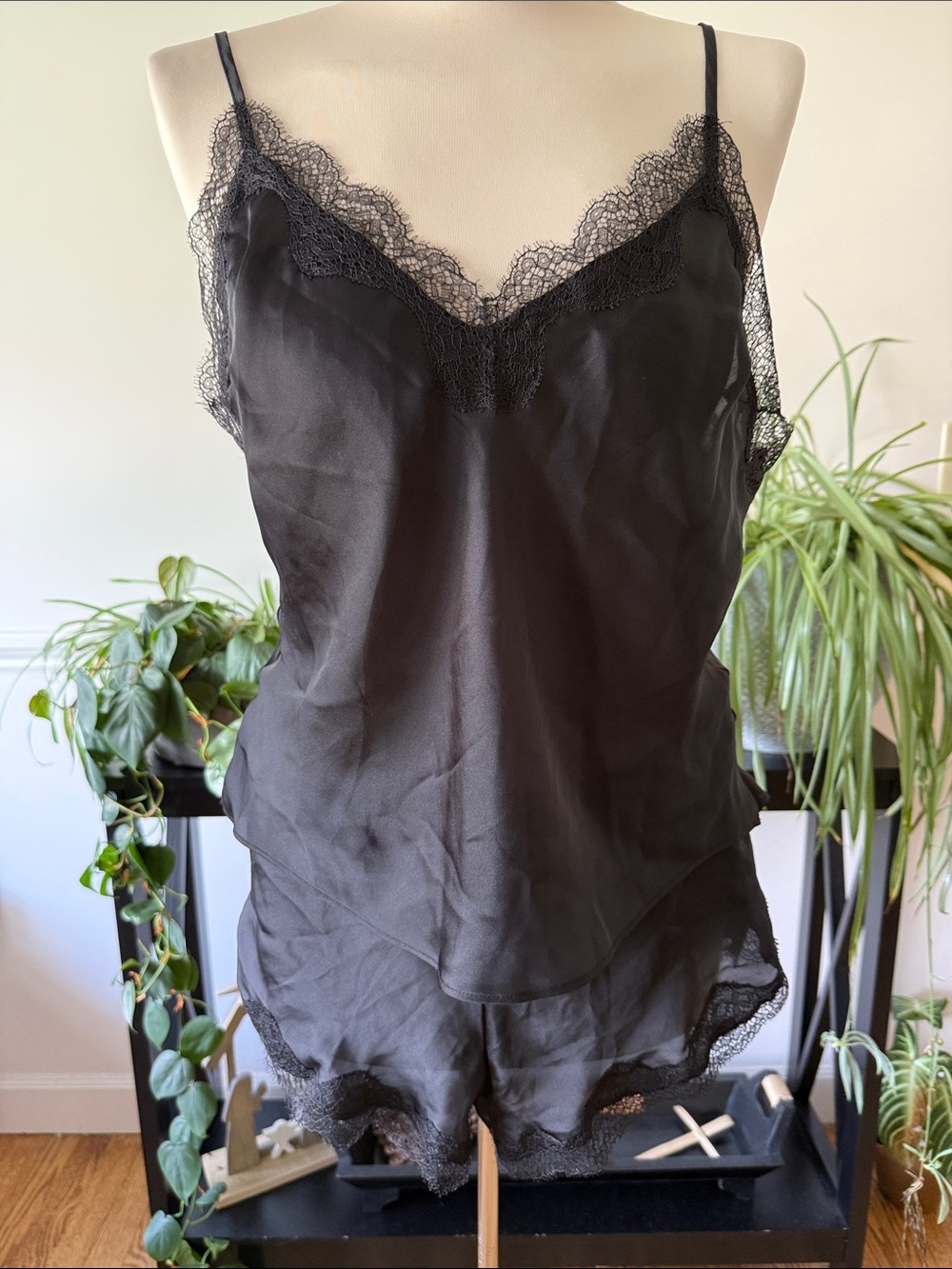 Victoria’s Secret Black Lace Trim Satin Camisole & Short Set